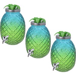 3x Stuks glazen drank dispenser ananas blauw/groen 4,7 liter - Drankdispensers