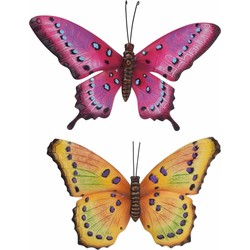 Set van 2x stuks tuindecoratie muur/wand vlinders van metaal in roze en geel tinten 44 x 31 cm - Tuinbeelden