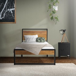 Metalen bed Bedframe met lattenbodem 90x200 cm zwart/bruin met houten hoofdbord & voeteneind ML design