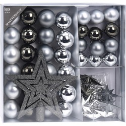 Set 44-delig kunststof kerstboomversiering grijs tinten met kerstballen, slingers en piek - Kerstbal