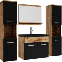 Badplaats Badkamermeubel Set Montreal XL 60 x 35 cm - Eiken met Zwart - Badmeubel met zwarte wastafel en zijkasten