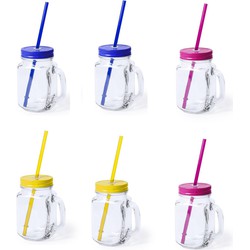9x stuks drink potjes van glas Mason Jar geel/blauw/roze 500 ml - Drinkbekers