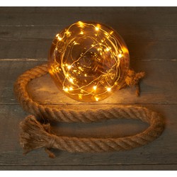 2x stuks verlichte glazen kerstballen aan touw met 15 lampjes goud/warm wit 15 cm - kerstverlichting figuur