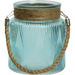 Windlicht/lantaarn met relief - glas - D14 x H16 cm - lichtblauw - Windlichten