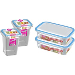4x Voedsel plastic bewaarbakjes 1,5 en 0,75 liter transparant/blauw - Vershoudbakjes