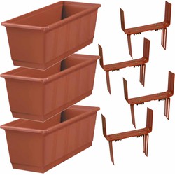 Set van 4 kunststof plantenbakken terracotta rechthoekig 40 cm met 8 verstelbare balkon/muurbeugels - Plantenbakken