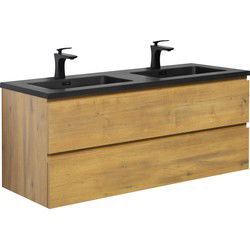 Badplaats Badkamermeubel Set Angela 120cm - Eiken - Badmeubel met Zwarte Wastafel