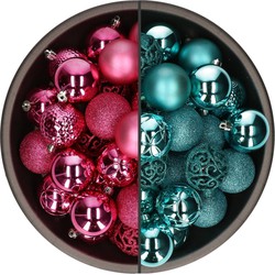 74x stuks kunststof kerstballen mix turquoise en fuchsia roze 6 cm - Kerstbal