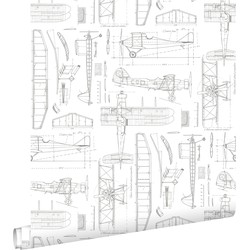 ESTAhome behang constructietekeningen van vliegtuigen wit - 53 cm x 10,05 m - 128812