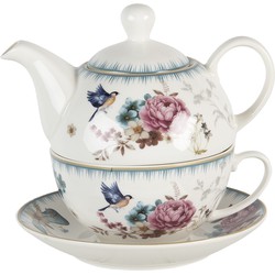 Clayre & Eef Tea for One  460 ml Wit Roze Porselein Rond Bloemen Theepot set