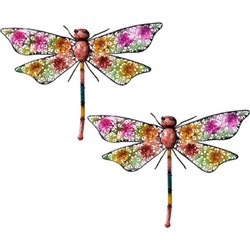 2x stuks gekleurde metalen tuindecoratie libelle hangdecoratie 29 x 47 cm cm - Tuinbeelden