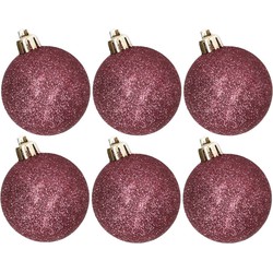 6x stuks kunststof glitter kerstballen aubergine roze 8 cm - Kerstbal