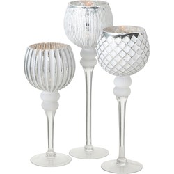 Luxe glazen design kaarsenhouders/windlichten set van 3x stuks zilver/wit transparant 30-40 cm - Waxinelichtjeshouders