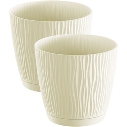 2x stuks stijlvolle kunststof plantenpot/bloempot dia 13 cm/hoogte 12 cm Waves creme wit - Plantenpotten