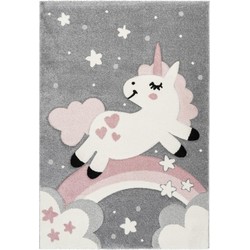 Tapijtenloods Amigo Kinderkamer Vloerkleed Unicorn Laagpolig Grijs Roze- 80x150 CM