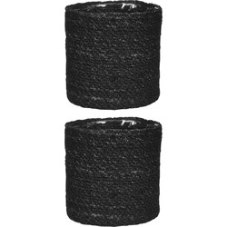 2x stuks naturel zwart rotan planten pot mand van gedraaid jute/riet H16 en D16 cm - Plantenpotten