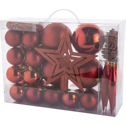 Pakket met 53x stuks kunststof kerstballen en kerstornamenten met ster piek rood - Kerstbal