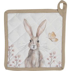 Clayre & Eef Pannenlap 20x20 cm Wit Bruin Katoen Konijn