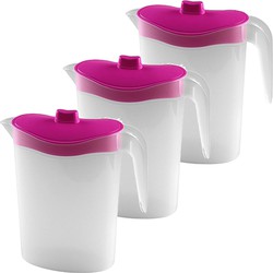 3x Smalle kunststof koelkast schenkkannen 1,5 liter met roze deksel - Schenkkannen