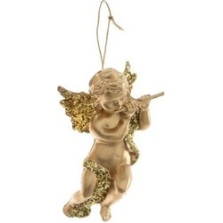 1x Kerst hangdecoratie gouden engeltje met dwarsfluit muziekinstrument 10 cm - Kersthangers