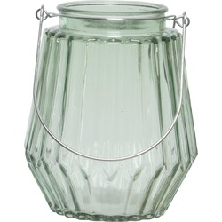 Theelichthouders/waxinelichthouders streepjes glas mistgroen met metalen handvat 11 x 13 cm - Waxinelichtjeshouders