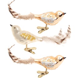 3x stuks luxe glazen decoratie vogels op clip natural velvet 11 cm - Kersthangers