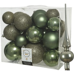 Set van 26x stuks kunststof kerstballen incl. glazen piek glans mosgroen - Kerstbal