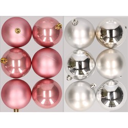12x stuks kunststof kerstballen mix van oudroze en zilver 8 cm - Kerstbal