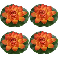 4x Oranje waterlelie kunstbloemen vijverdecoratie 18 cm - Kunstbloemen