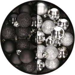 28x stuks kleine kunststof kerstballen zwart en zilver 3 cm - Kerstbal