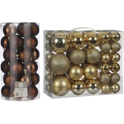 76x stuks kunststof kerstballen goud en bruin 4, 6 en 8 cm - Kerstbal