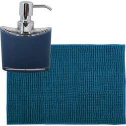 MSV badkamer droogloop mat/tapijtje - 50 x 80 cm - en zelfde kleur zeeppompje 260 ml - donkerblauw - Badmatjes