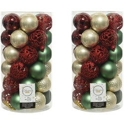 74x stuks kunststof kerstballen parel/donkerrood/donkergroen/saliegroen 6 cm mat/glans/glitter - Kerstbal