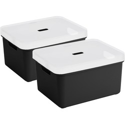 2x Sunware opbergbox/mand 32 liter zwart kunststof met transparante deksel - Opbergbox