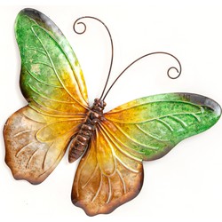 Anna's Collection Wanddecoratie vlinder - groen - 44 x 32 cm - metaal - muurdecoratie/schutting - Tuinbeelden