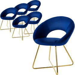 Eetkamerstoel set van 6 met ronde rugleuning blauw fluweel met gouden metalen poten ML design