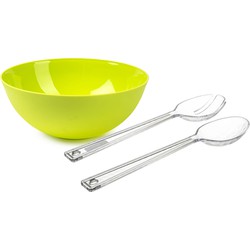 Salade serveer schaal - groen - kunststof - Dia 25 cm - inclusief sla couvert/bestek - Serveerschalen