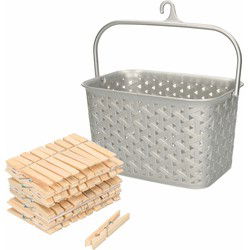 Wasknijpers mandje met ophanghaak - zilver - gevuld met 100x houten wasknijpers van 7 cm - knijperszakken