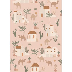 ESTAhome fotobehang kamelen en cactussen zacht roze, terracotta en groen - 2 x 2.79 m - 159295
