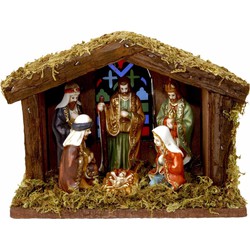 Verlichte kerststal - met 6 beelden - 20 x 8 x 15 cm - hout/keramiek - Kerststallen