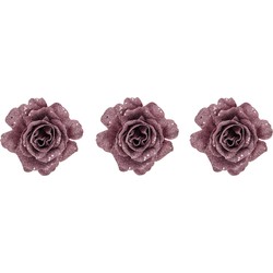 6x stuks decoratie bloemen roos roze glitter op clip 10 cm - Kunstbloemen