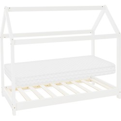 Kinderbed huisbed 70x140 cm wit gemaakt van grenenhout incl. matras H-10cm houten bed met dak en lattenbodem ML design