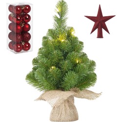 Kunst kerstboom met 10 LED lampjes 45 cm inclusief rode versiering 21-delig - Kunstkerstboom