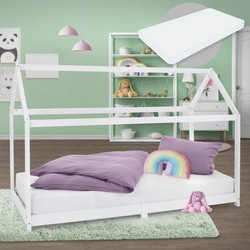 Kinderbed met dak en lattenbodem 90x200 cm White Pine ML Design