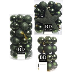 55x stuks kunststof kerstballen met ster piek donkergroen mix - Kerstbal