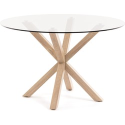 Kave Home - Argo ronde glazen tafel en stalen poten met houteffect afwerking Ø 119 cm