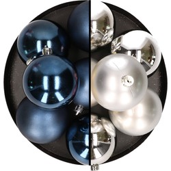 12x stuks kunststof kerstballen 8 cm mix van donkerblauw en zilver - Kerstbal