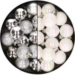 28x stuks kleine kunststof kerstballen zilver en parelmoer wit 3 cm - Kerstbal