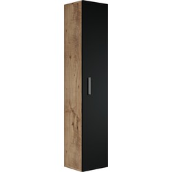 Badplaats Badkamerkast Pluto 30 x 30 x 150 cm - Kastanje Eiken met Zwart - Hangende Badkamerkasten Hoog met 1 Deur
