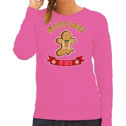 Bellatio Decorations foute kersttrui/sweater dames - Gingerbread koekemannetje - roze - Bite Me S - kerst truien